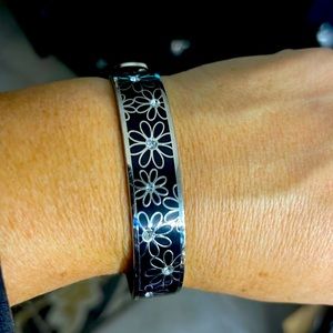 Coach, rhinestone, flower, bangle, black, and silver